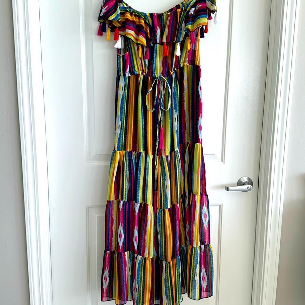 Off Shoulder Striped Tiered Maxi Medium